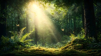 Obraz premium Serene forest scene bathed in soft morning light with sunbeams creating a magical glow on the moss covered ground Peaceful and tranquil natural landscape with a dreamlike ethereal atmosphere