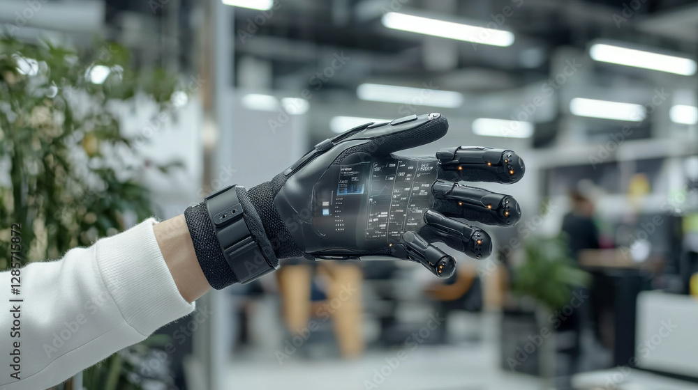 Aufkleber futuristic smart glove with digital interface displayed on palm, showcasing advanced technology and 
