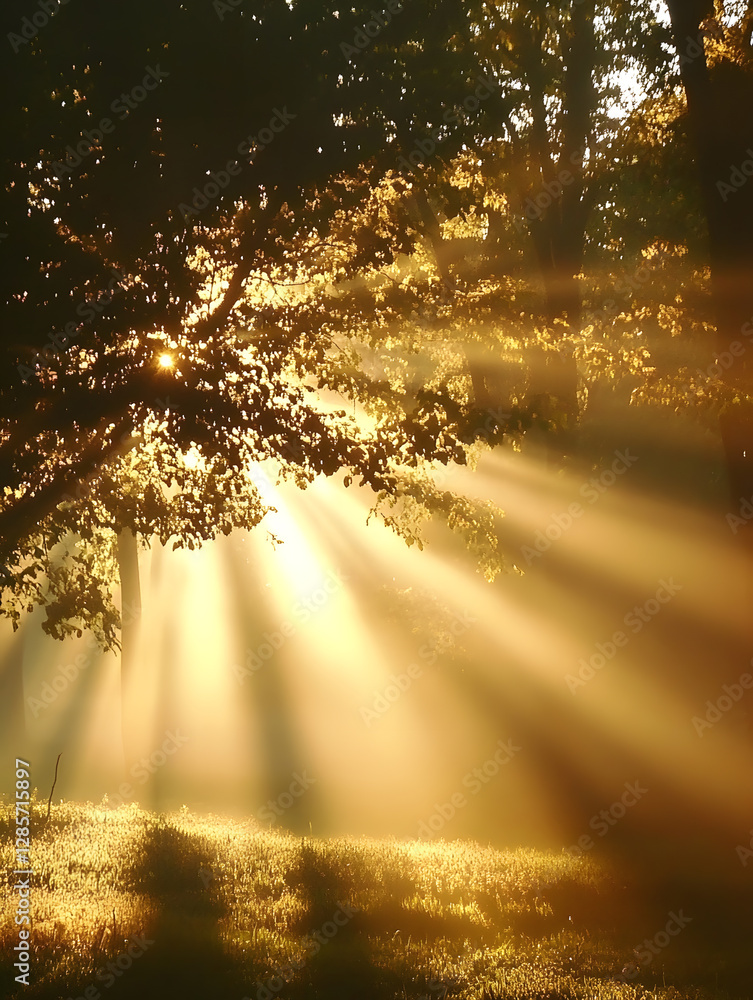 Aufkleber Sunlight Filtering through Dense Trees in a Tranquil Forest Setting : Generative AI