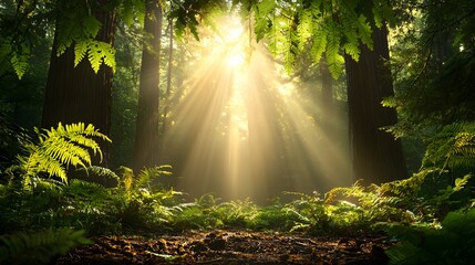 Captivating Photograph of Sunset Light Cascading Through Towering Redwood Trees Painting the Forest in a Mesmerizing Golden Hue