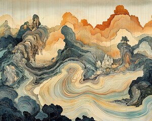 The Painted Landscape Depicts Mountains and Clouds in Watercolor