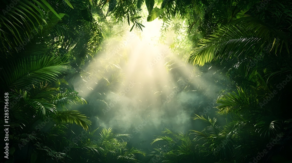 Poster a photograph of a dense lush jungle with sunlight dramatically breaking through the thick foliage il