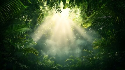A photograph of a dense lush jungle with sunlight dramatically breaking through the thick foliage illuminating floating dust particles in the warm serene atmosphere  The image features a tranquil