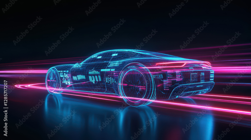 Poster 3d rendering of an electric car with glowing lines and digital code overlay