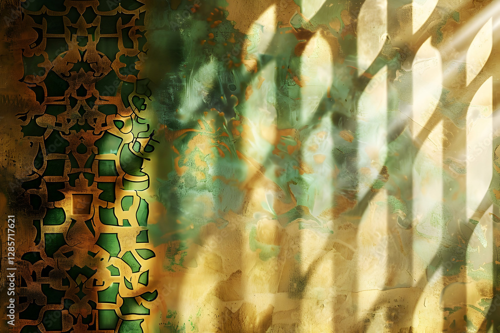 Poster intricate patterned wall casting shadows with sunlight filtering through, creating a serene ambiance