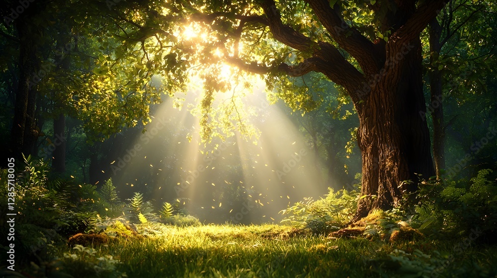 Poster magical sunlit forest with ethereal light rays shining through the tall trees creating a peaceful an
