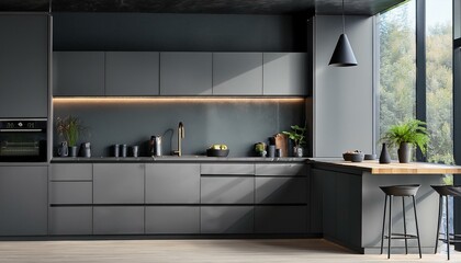 Gray kitchen corner, bar and countertops