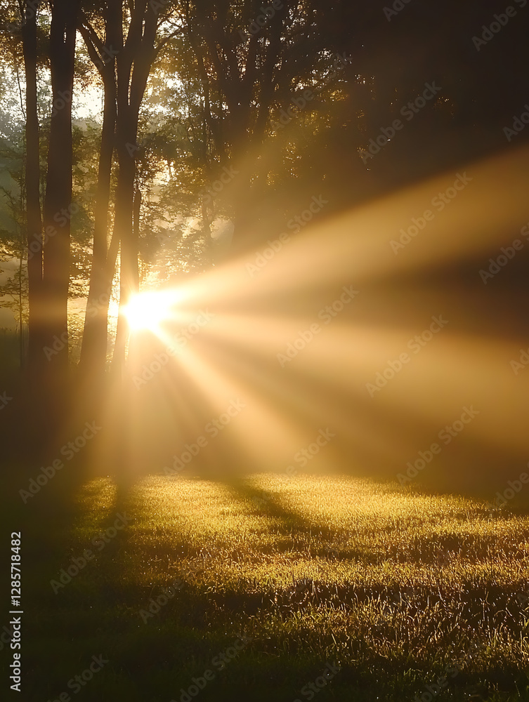 Poster sunshine rays breaking through autumn forest trees creating a warm golden glow : generative ai