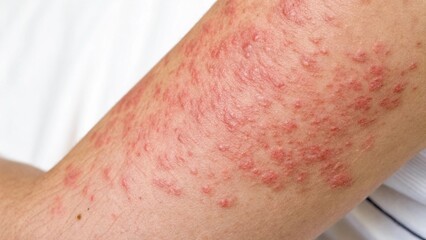 Close-up of hives (urticaria) showing red, raised welts with swollen edges on irritated skin. Visible inflammation and uneven skin surface