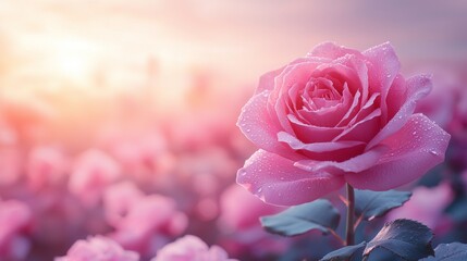 A pink rose with water droplets on it in a field of pink roses
