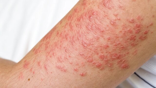 Close-up of hives (urticaria) showing red, raised welts with swollen edges on irritated skin. Visible inflammation and uneven skin surface