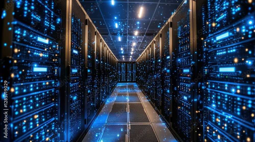 Poster well-organized server room with rows of servers providing efficient data management and processing s