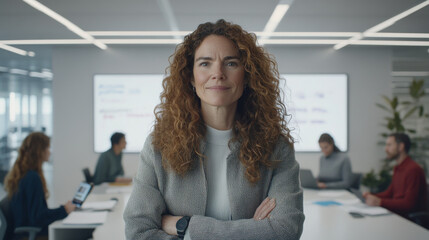 Empowered woman in modern office setting, smiling confidently with colleagues in background. atmosphere is collaborative and professional