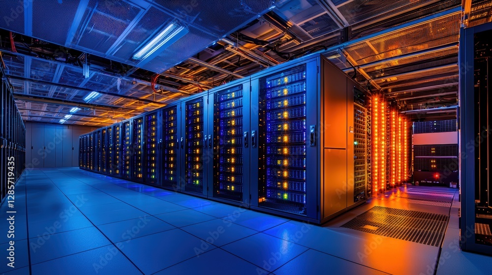 Poster advanced server room with numerous servers optimized for high-speed data processing and storage