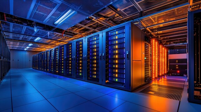 Advanced server room with numerous servers optimized for high-speed data processing and storage
