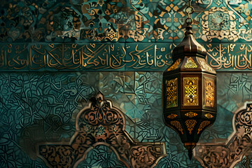 Intricate lantern hanging against a vibrant tiled wall with ornate patterns and calligraphy