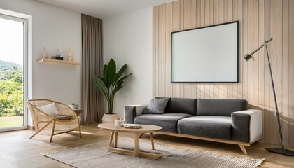White and wooden living room corner, poster, sofa