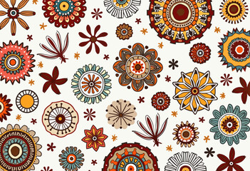 a variety of colorful flowers and leaves, including sunflowers, daisies, and other intricate designs, arranged in a visually appealing and symmetrical manner.