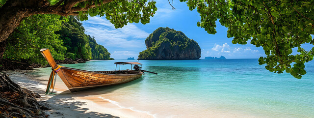 A long-tail boat with a green sail on the beach of Krabi, Thailand
