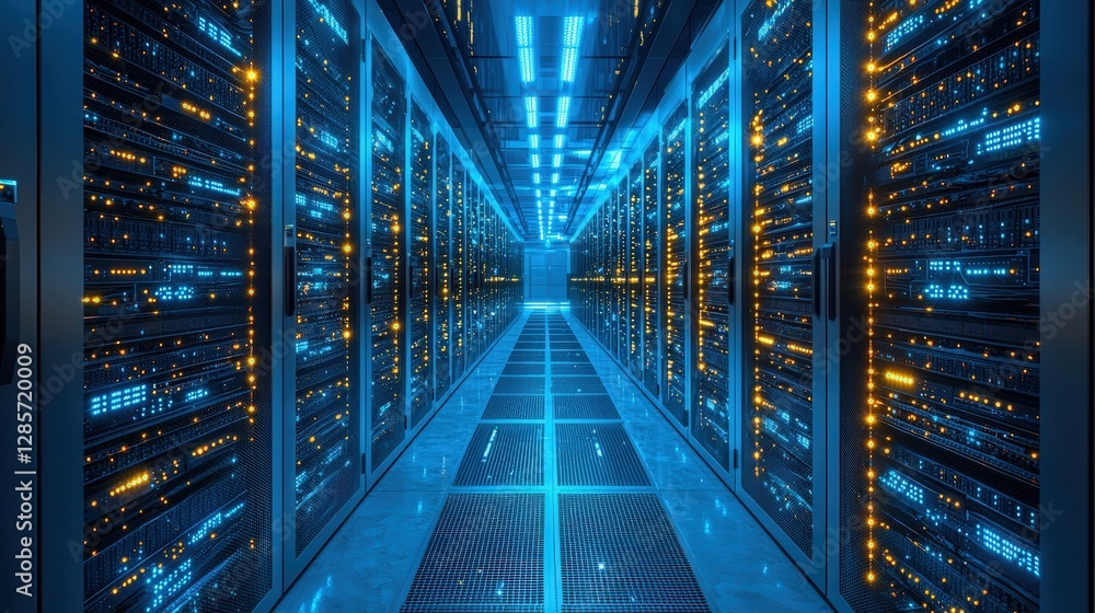 Poster high-efficiency server room showcasing numerous servers and advanced technology for data management