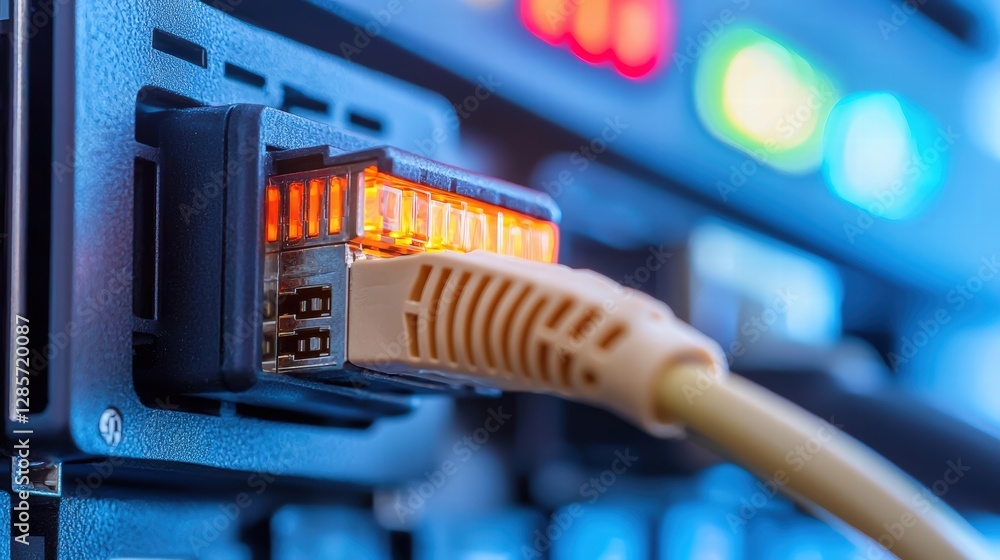 Poster network cable connected to a computer signifying data transfer and connectivity in modern technology