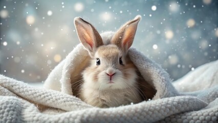 Naklejka premium A heartwarming image of a fluffy bunny nestled in a soft, white blanket, enjoying the gentle snowfall outside.