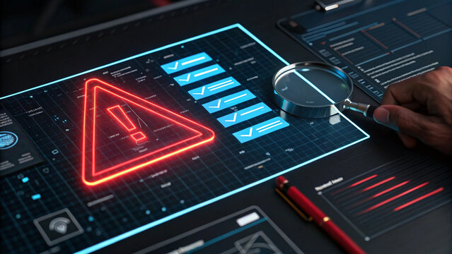 a high-tech interface with a red triangular warning sign indicating an alert, alongside several completed checkboxes, graphs, charts, and a hand holding a magnifying glass