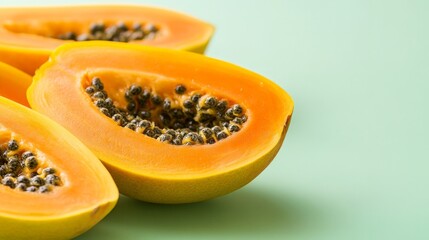 Fresh papaya halves on pastel green background highlighting juicy fruit texture