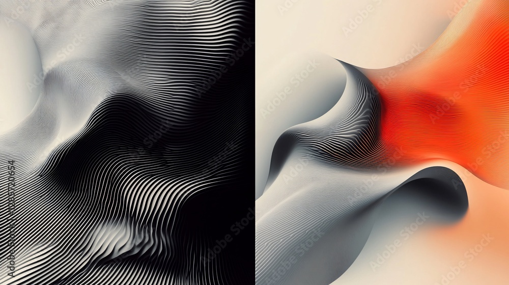 Poster abstract black and white and orange lines creating a wavy and organic visual pattern