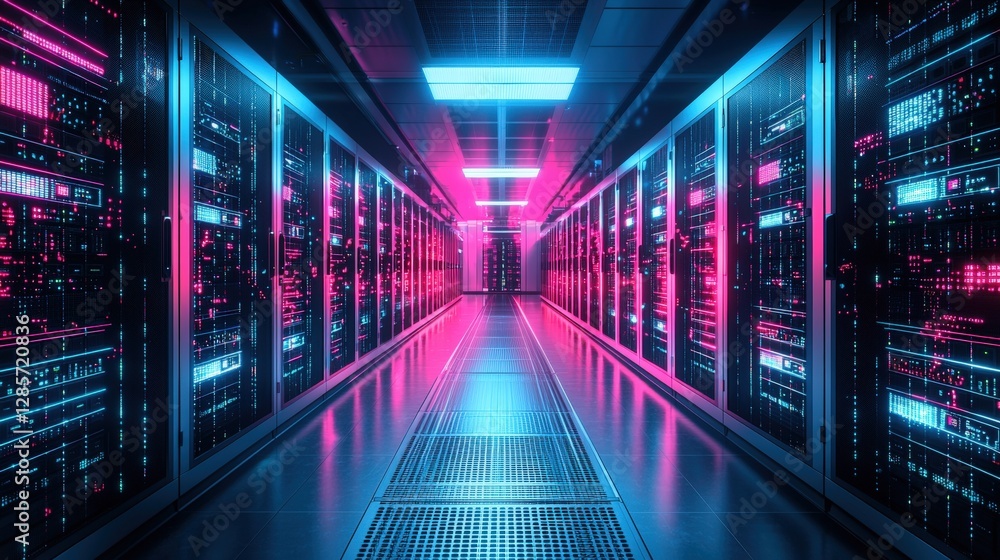 Poster server room filled with numerous servers showcasing the backbone of modern data processing systems