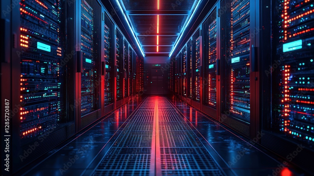 Poster server room illuminated by striking red and blue lights creating a unique technological atmosphere