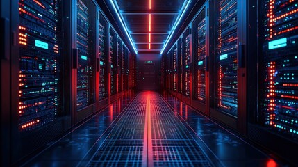 Obraz premium Server room illuminated by striking red and blue lights creating a unique technological atmosphere