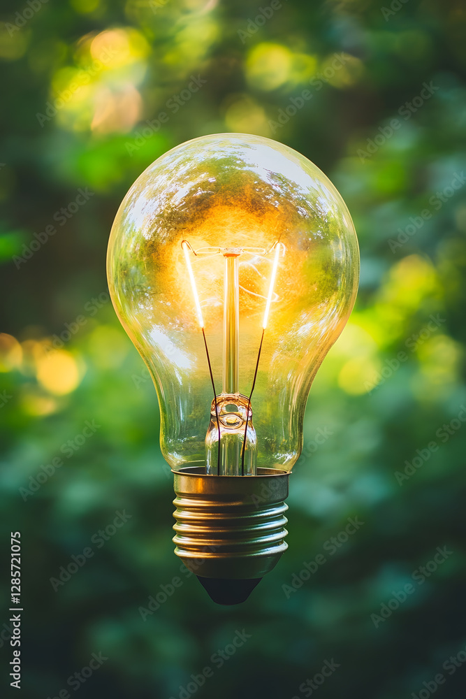 Poster illuminated lightbulb against a vibrant green nature background highlighting innovation : generative