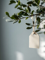 Minimalist Elegance of a Blank Canvas Tag Hanging from a Branch in Soft Natural Light : Generative AI