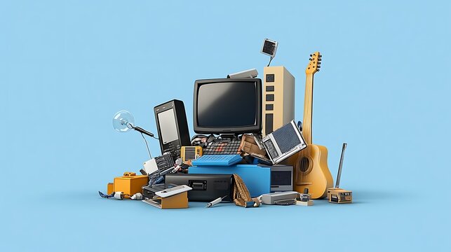 Retro Tech & Music Pile: A 3D Render on a Blue Background AI Generated