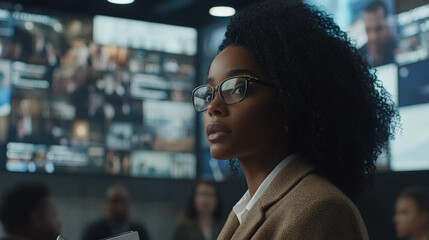 focused woman with curly hair and glasses observes digital display in modern office environment, showcasing various screens and data