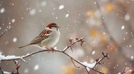 A small brown bird, the Eurasian sparrow, perches on a branch as snow falls around it. The bird searches for food in the wintery scene.