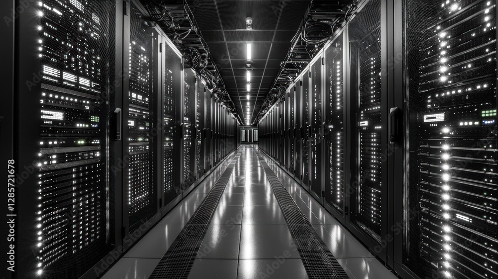 Poster modern server room featuring multiple racks of high-tech equipment for data storage and management