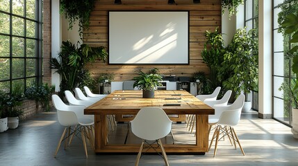modern conference room features a large wooden table, white chairs, and a motivational quote on a whiteboard The space is bright with natural light and greenery, fostering a productive environment
