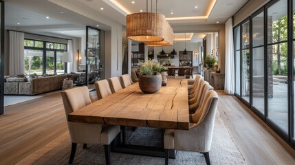 A spacious dining room boasts a massive wooden table surrounded by plush, beige-brown armchairs. Beyond the dining area, the cozy living room is visible.