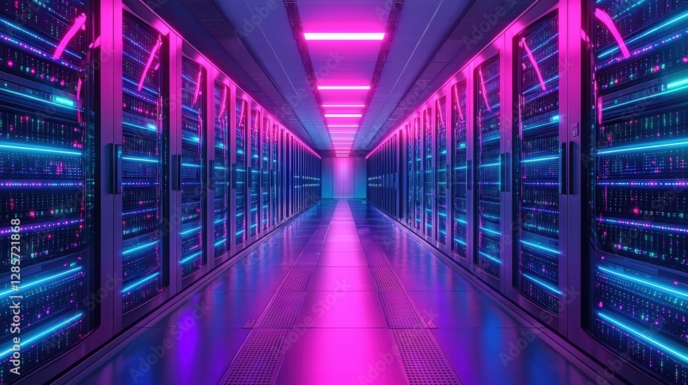 Poster organized server room with multiple rows of servers highlighting advanced technology and infrastruct
