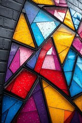 A colorful stained glass window on a brick wall