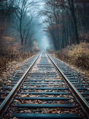 Fototapeta premium Serene railway tracks through misty forest captured during tranquil morning : Generative AI