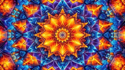 Abstract Kaleidoscopic Jewel-Toned Starburst Mandala Design Featuring Vivid Hues of Orange, Blue, and Purple in a Symmetrical Pattern
