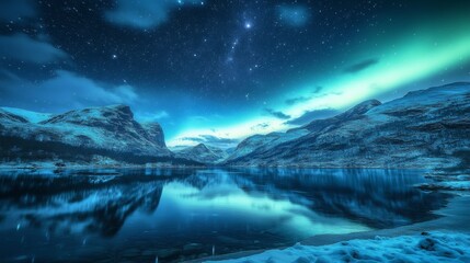 Fototapeta premium Aurora borealis shines over a lake, casting a magical glow across the snowy mountains. The starry sky adds to the ethereal beauty of this winter landscape.