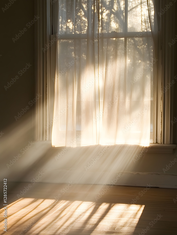 Aufkleber Tranquil Morning Light Streaming Through Curtains Into a Serene Empty Room with Soft Shadows : Generative AI