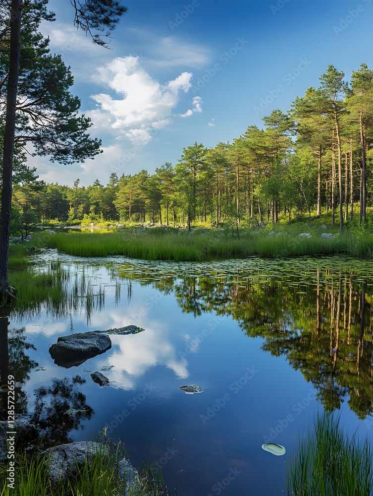 Poster tranquil forest lake landscape reflecting clouds and pine trees in summer sunlight : generative ai