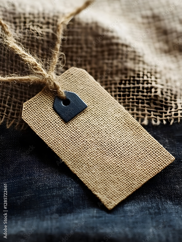 Poster close-up of textured burlap gift tag on a two-tone fabric surface : generative ai