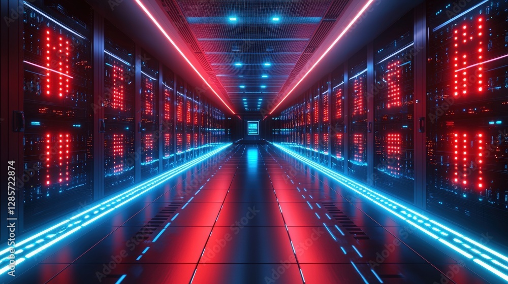 Poster expansive long hallway adorned with striking red and blue lights creating a dynamic atmosphere