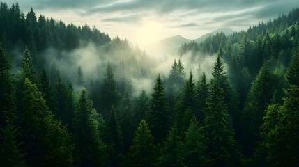 Fototapeta premium Misty Mountain Valley Filled with Lush Pine Forests and Soft Sunlight Breathtaking Scenic Landscape with Peaceful Tranquil Atmosphere and Copy Space